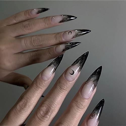 Halloween Stiletto Press on Nails Long Fake Nails Black French Glue Nq207goth