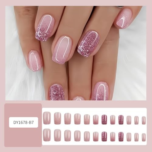 Glitter Ombre Press on Nails Short Square – WLGDLH Pink Fake Design pink15