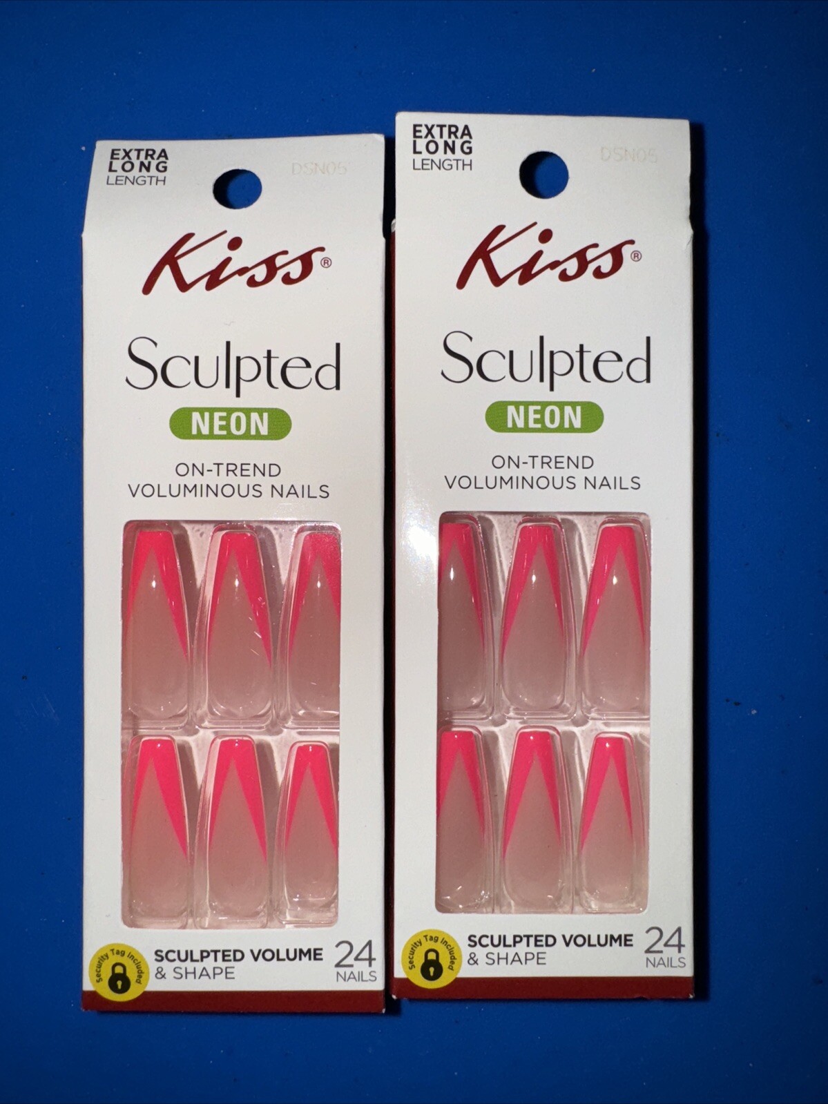 Kiss Sculpted Neon Pink Extra Long Length Glue-On Nails NEW (Lot Of Two!)