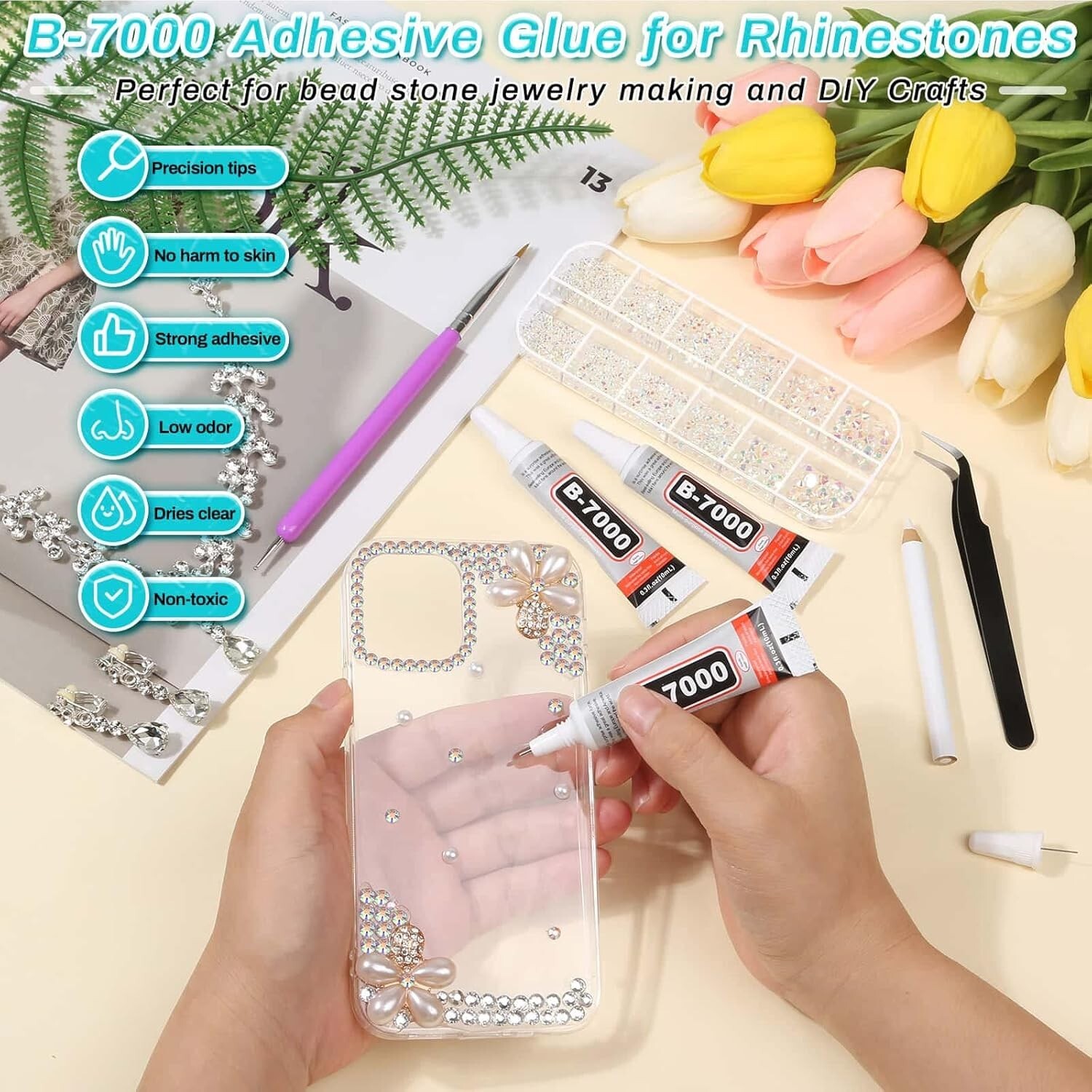 2100Pcs Clear AB Rhinestone with Tweezer Clear Glue Tool Kit For Making DIY
