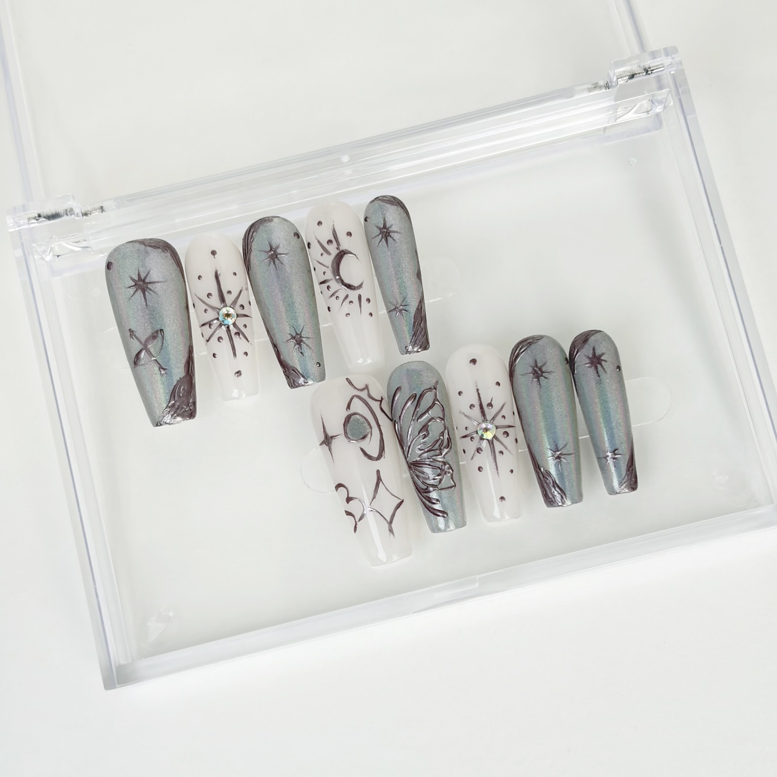 Futuristic Silver Gray Diamond Thorn Coffin Press-On Nails with Metal Details