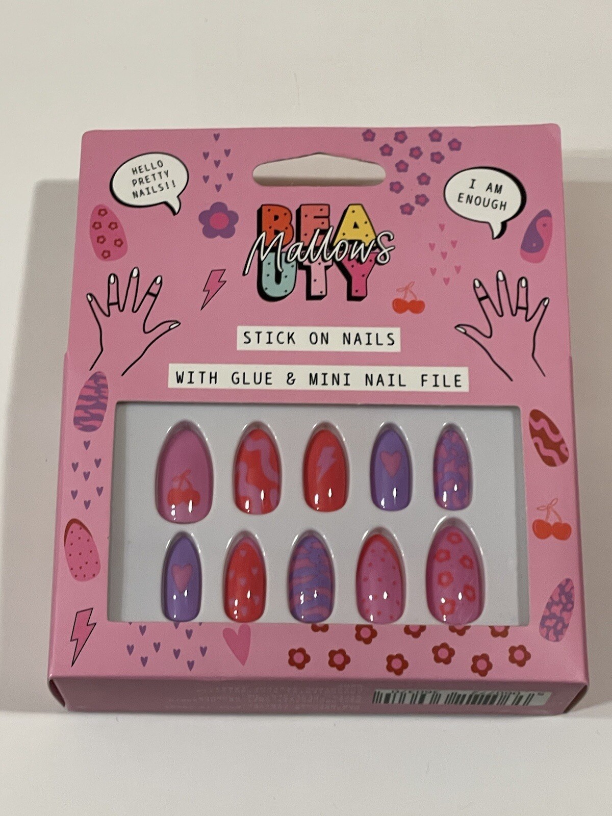 Mallows Beauty Press On Fake Nails Pink Purple Kitsch Cherry Flower