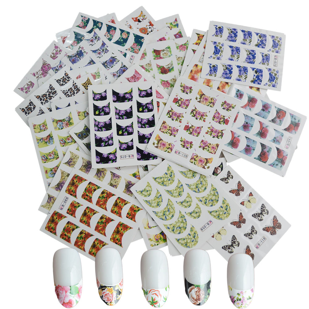 44 Designs Water Transfer French Tip Nail Stickers Flower Butterfly Bird Feather