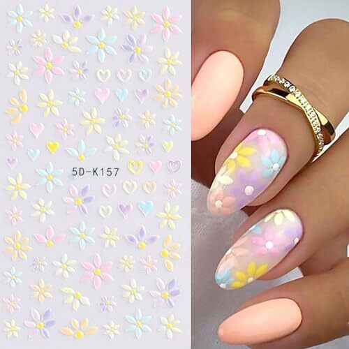 5D Flower Nail Art Stickers, 5D Embossed Floral Nail Decals Daisy Small Flower
