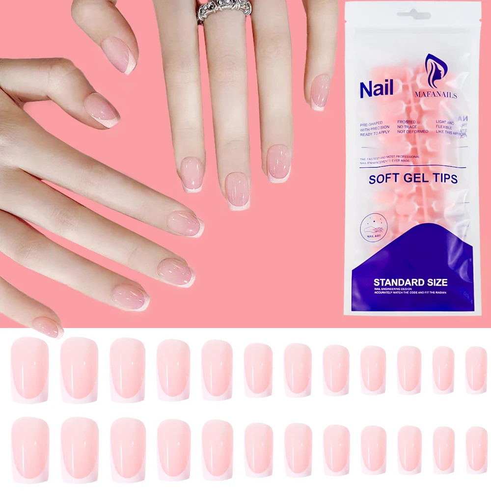 120Pcs Short Square Coffin French Fake Nails Glossy Pink Full Cover Press on