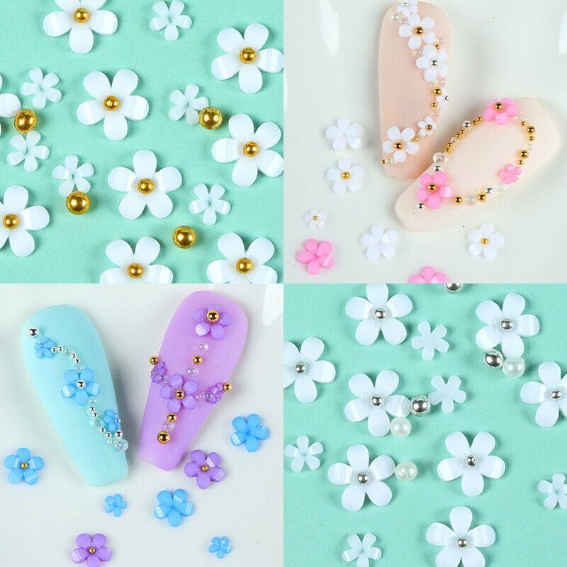 Nail Art 200Pcs Silver Gold Beads Flowers Crafts Gems Stones 3D Nail Decoration