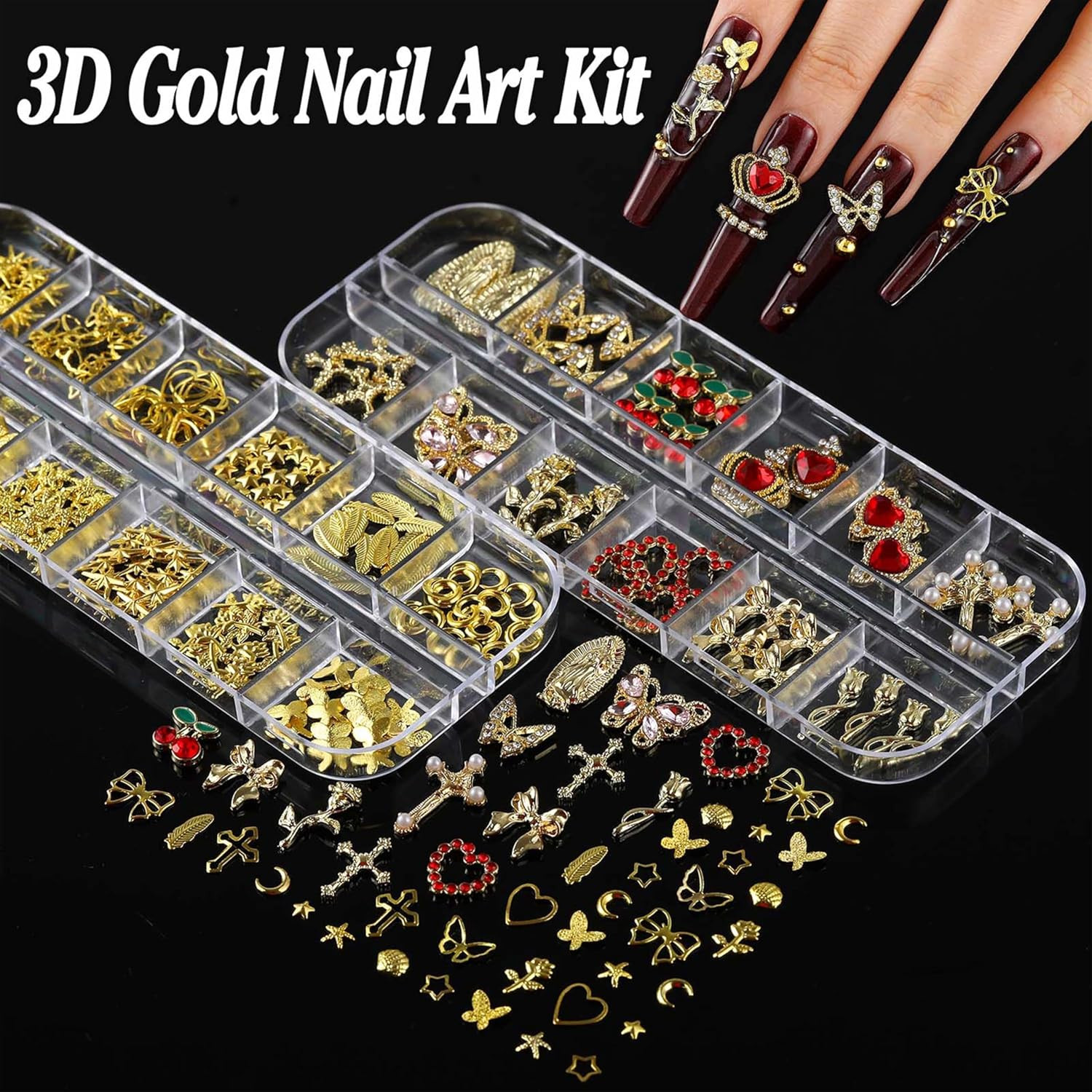 BANA Nail Charms for Rhinestones Kit with 13 Boxes of Nail Gems, 18000Pcs 3D Gol