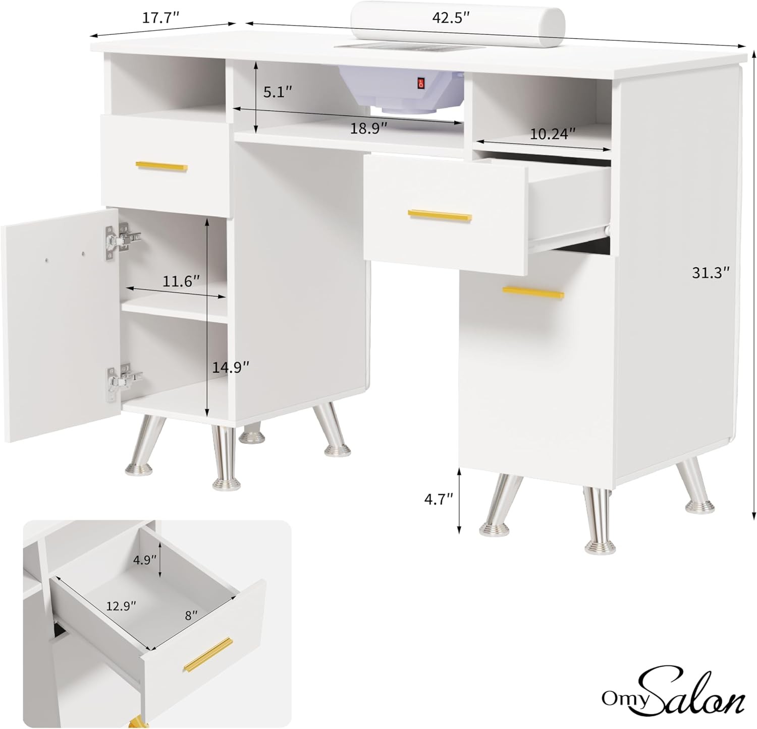 Manicure Table Nail Tech Desk with Built-in Dust Collector & Storage & Drawers