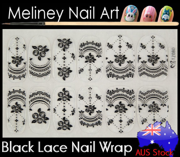 TZ080 Black Lace Nail Art Wraps Full Cover Stickers Flower Floral Transparent