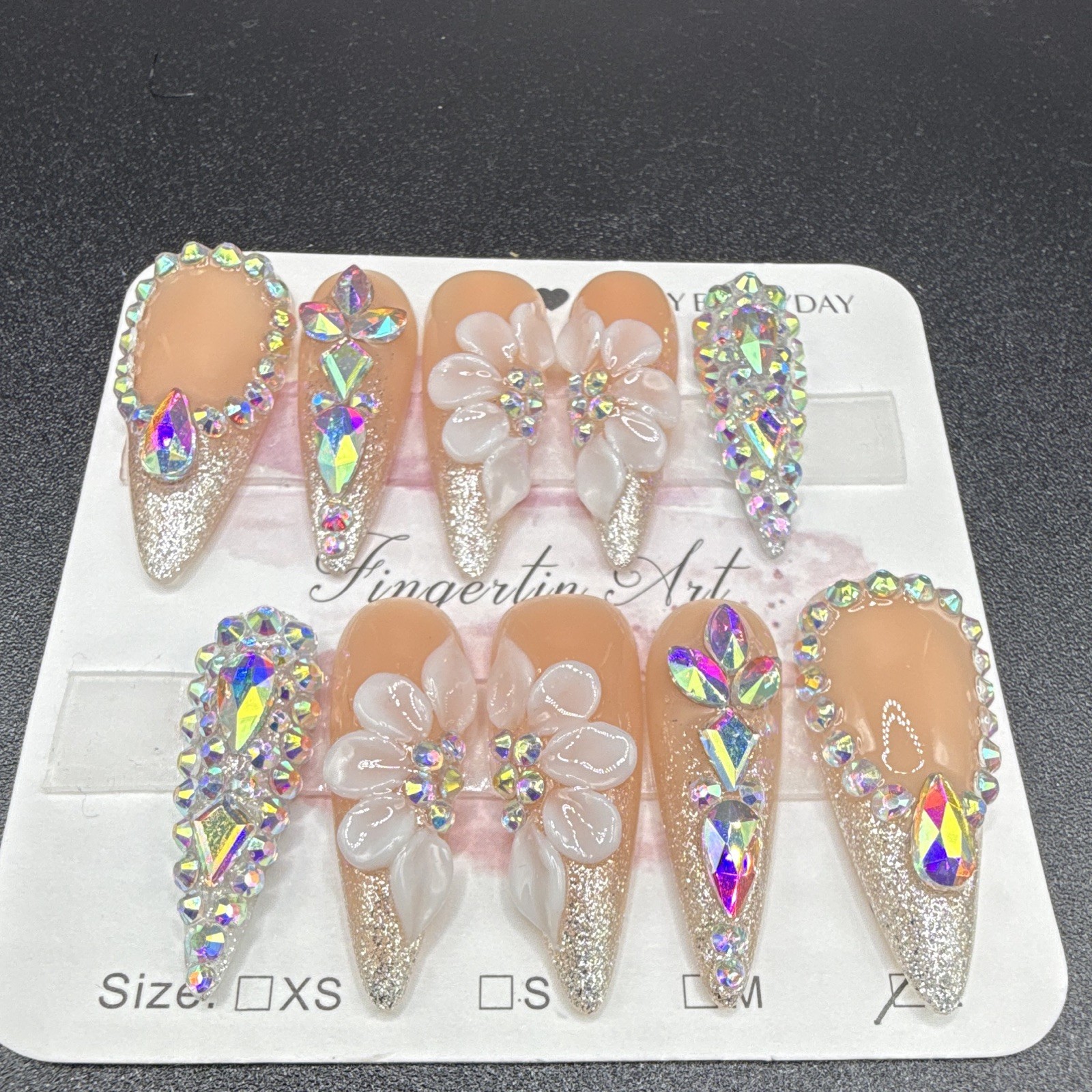 Long Stiletto Press-On Nails Nude/Silver/Clear Glitter 3D Flower Full Cover