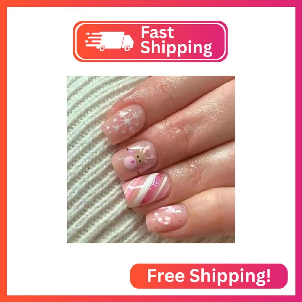 Tyuimhx Christmas Press on Nails Short Square Fake Nails With Snowflake Elk Cand