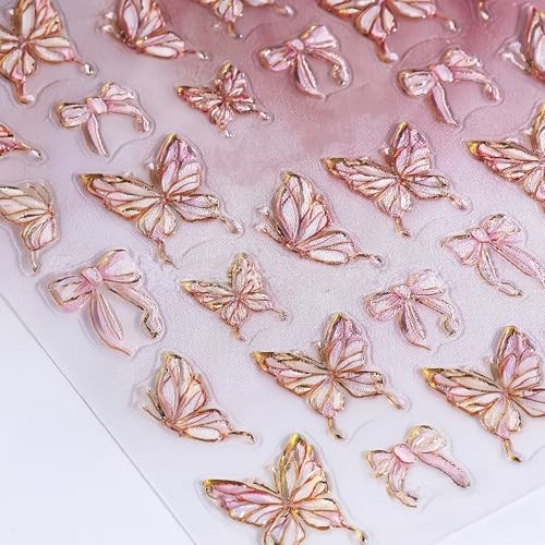 5D Nail Stickers Set for Women Girls, 2 Sheets 3D Flower & Butterfly Nail Pink