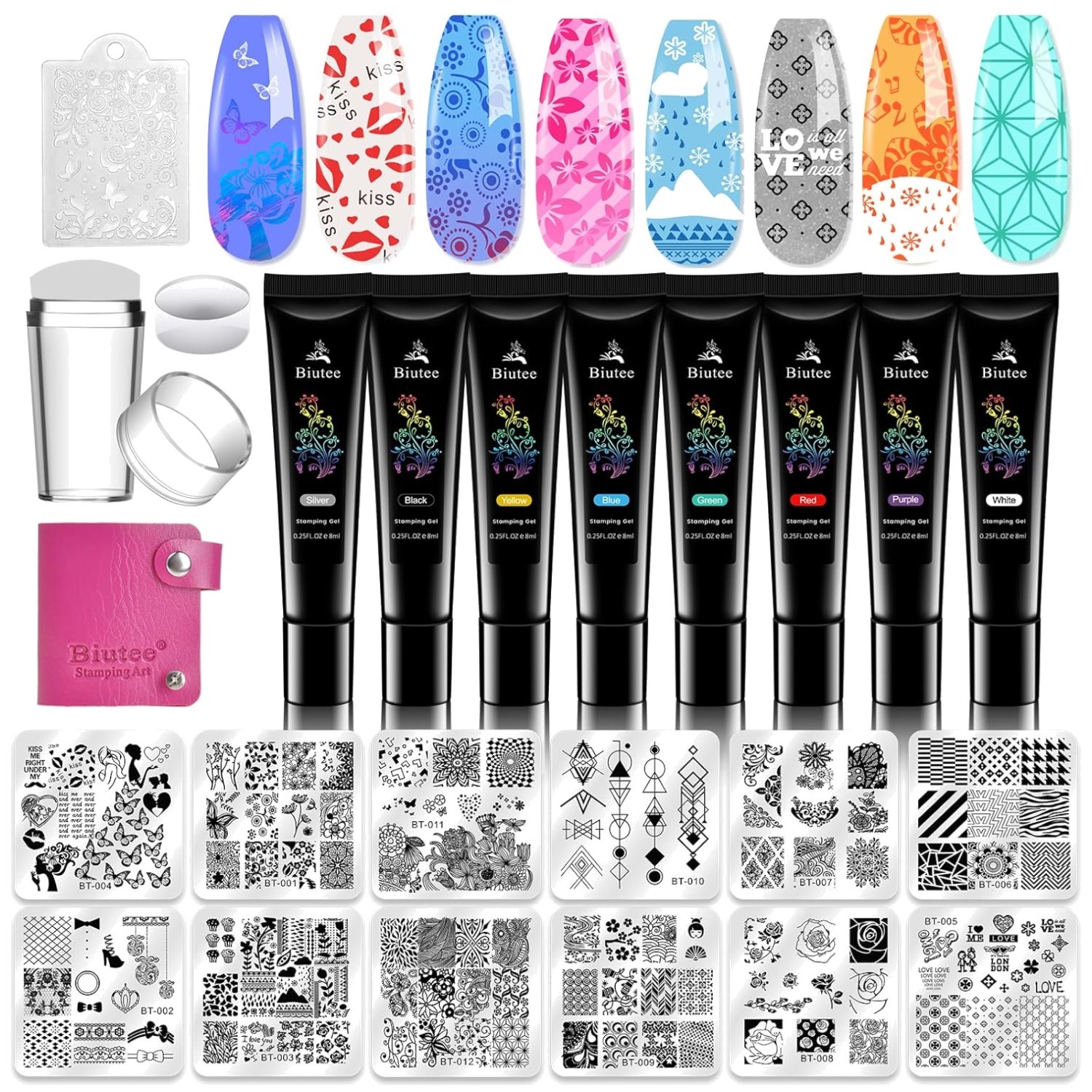 Deluxe Nail Stamping Kit – 12 Plates, 8 Gel Colors, Stamper