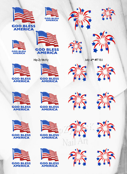 Nail Art J718 July 4th American Flag Fireworks Waterslide Nail Decals Transfers