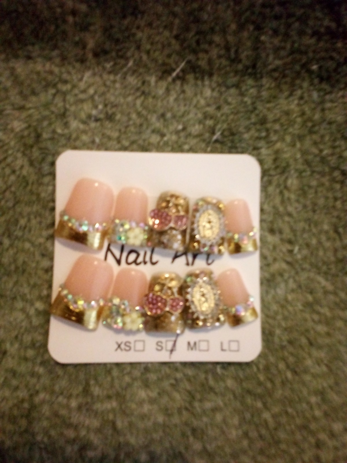 3D Shiny Press-On Nails Pink Gold Short Square Pre-Designed Full Cover Y15