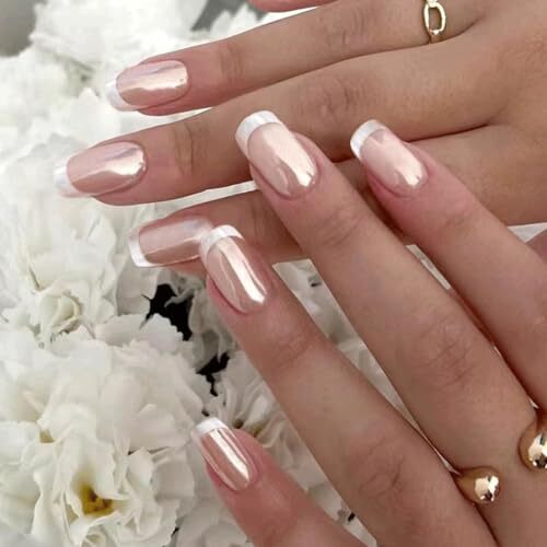 Press on Nails Short Square Acrylic Fake Nails with Apricot Aurora French