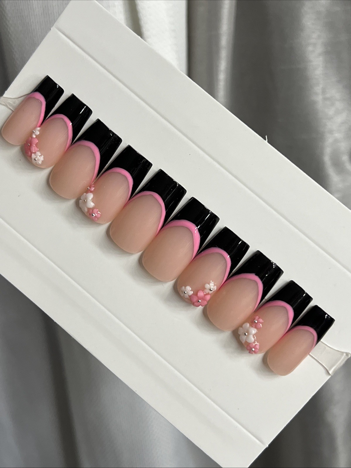 🌸 CUSTOM Press On Nails FRENCH BLACK Flower PINK 10p SET W Kit