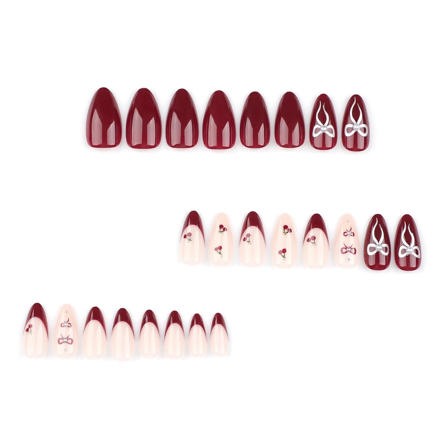 Red French Tip Press on Nails Cherry Fake Nails Short Almond False Nails with…