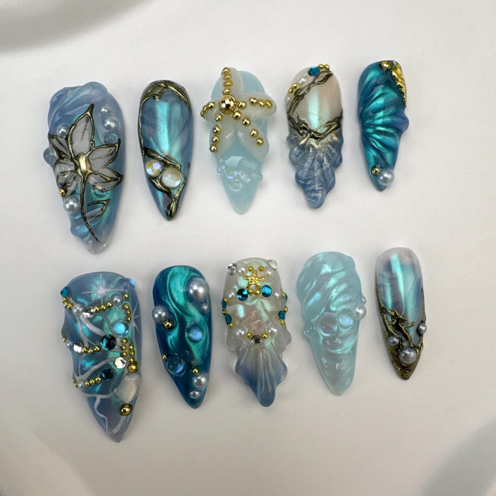 Handmade Teal Cat Eye 3D Wing Star Gold Wire Pearl Long Almond Press on Nails