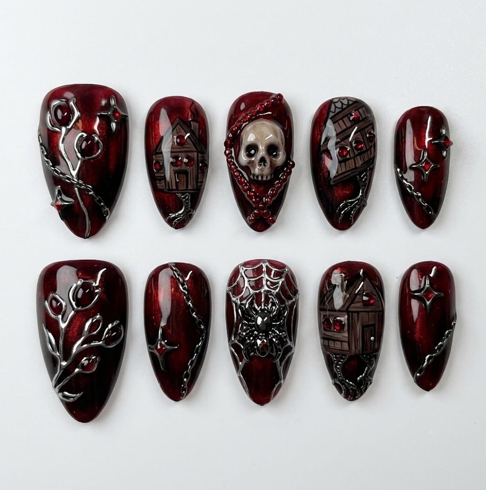 Custom Handmade Dark Red Gothic Halloween Haunted House Almond Press on Nails