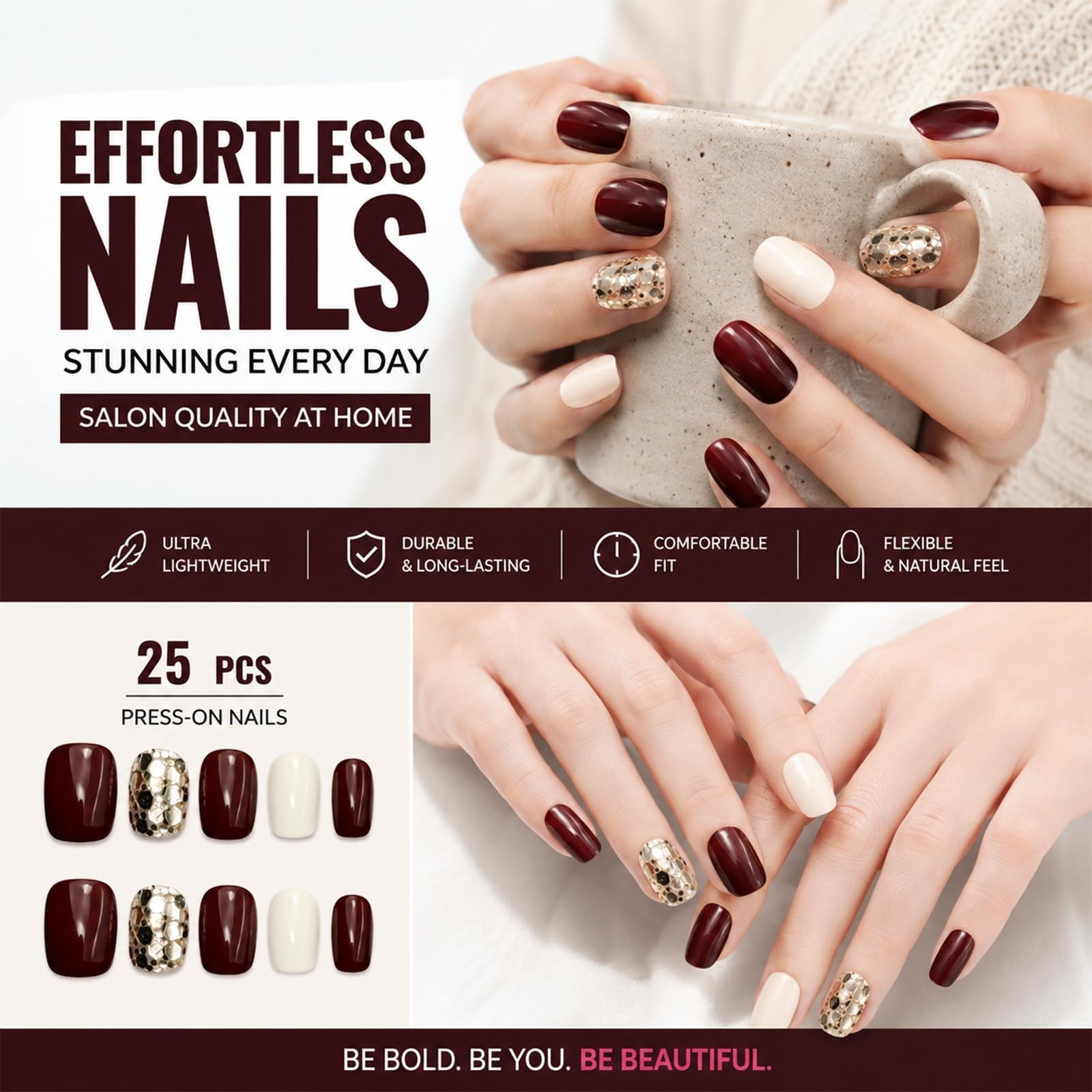 Red White Glitter Press On Nails – 25 PCS Short Square Acrylic Fake Nails for Wo