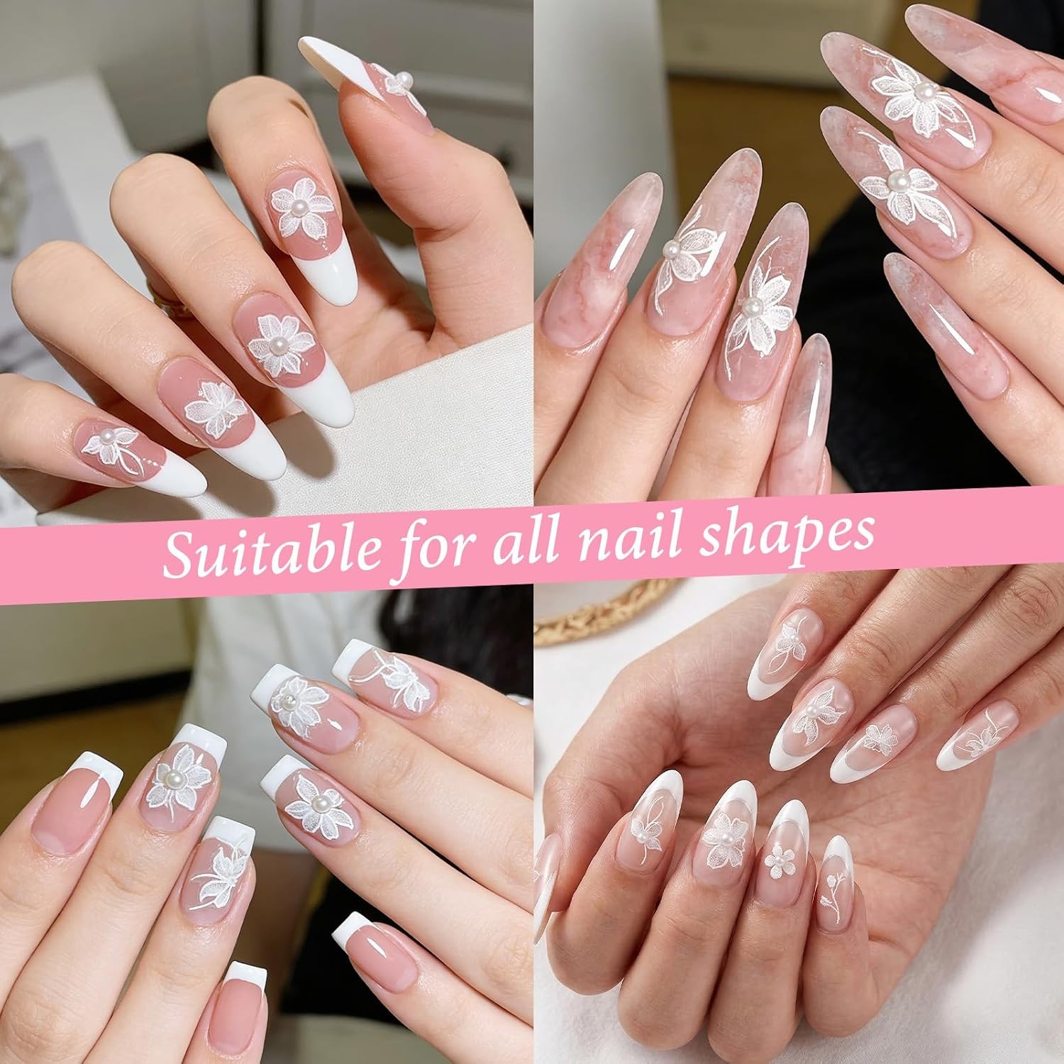 White Self Adhesive 3D Floral Lace Nail Decals Nail Art Supplies Floral Nail