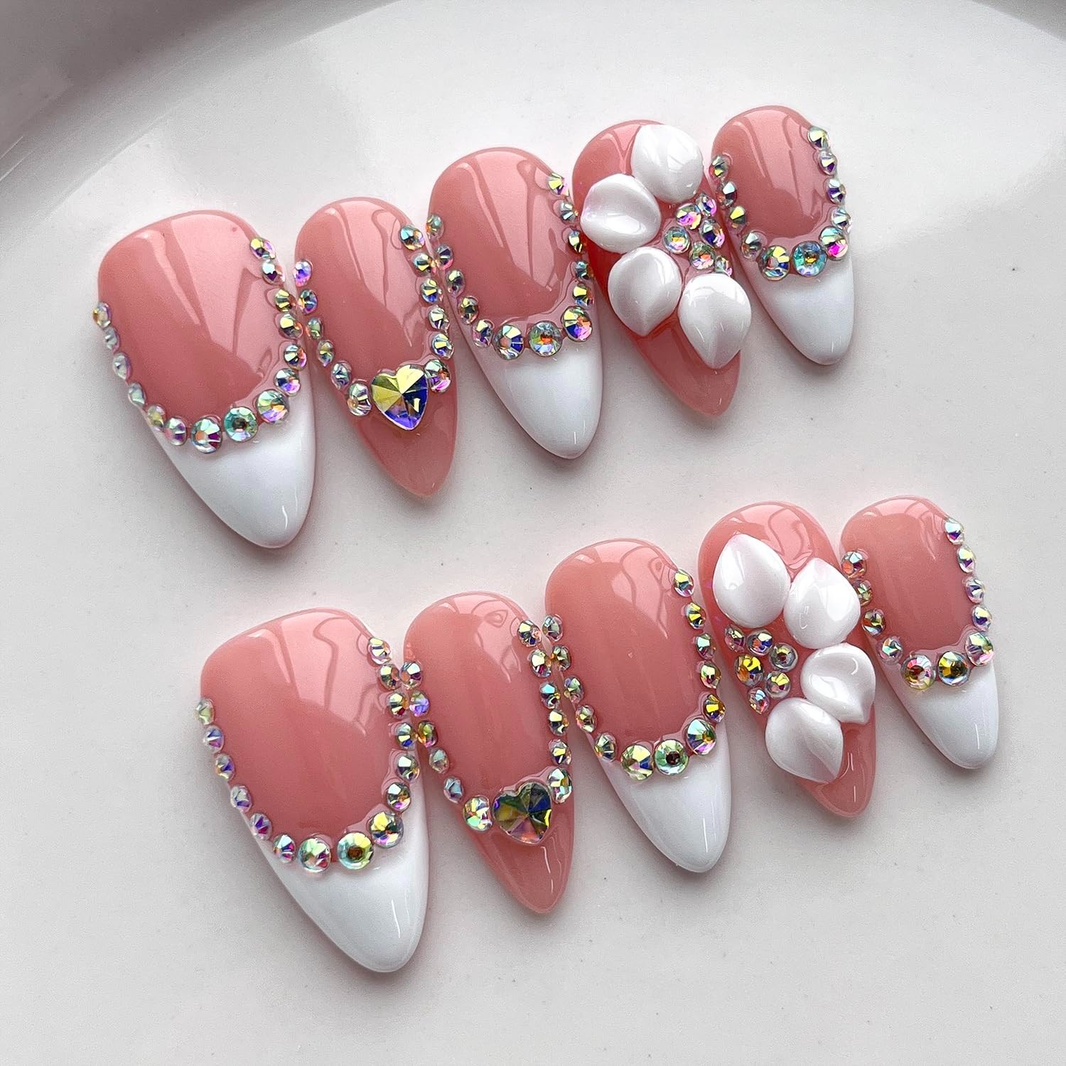 Handmade Medium Almond French Tip Press-On Nails, 3D Floral Design, Thick Acryli