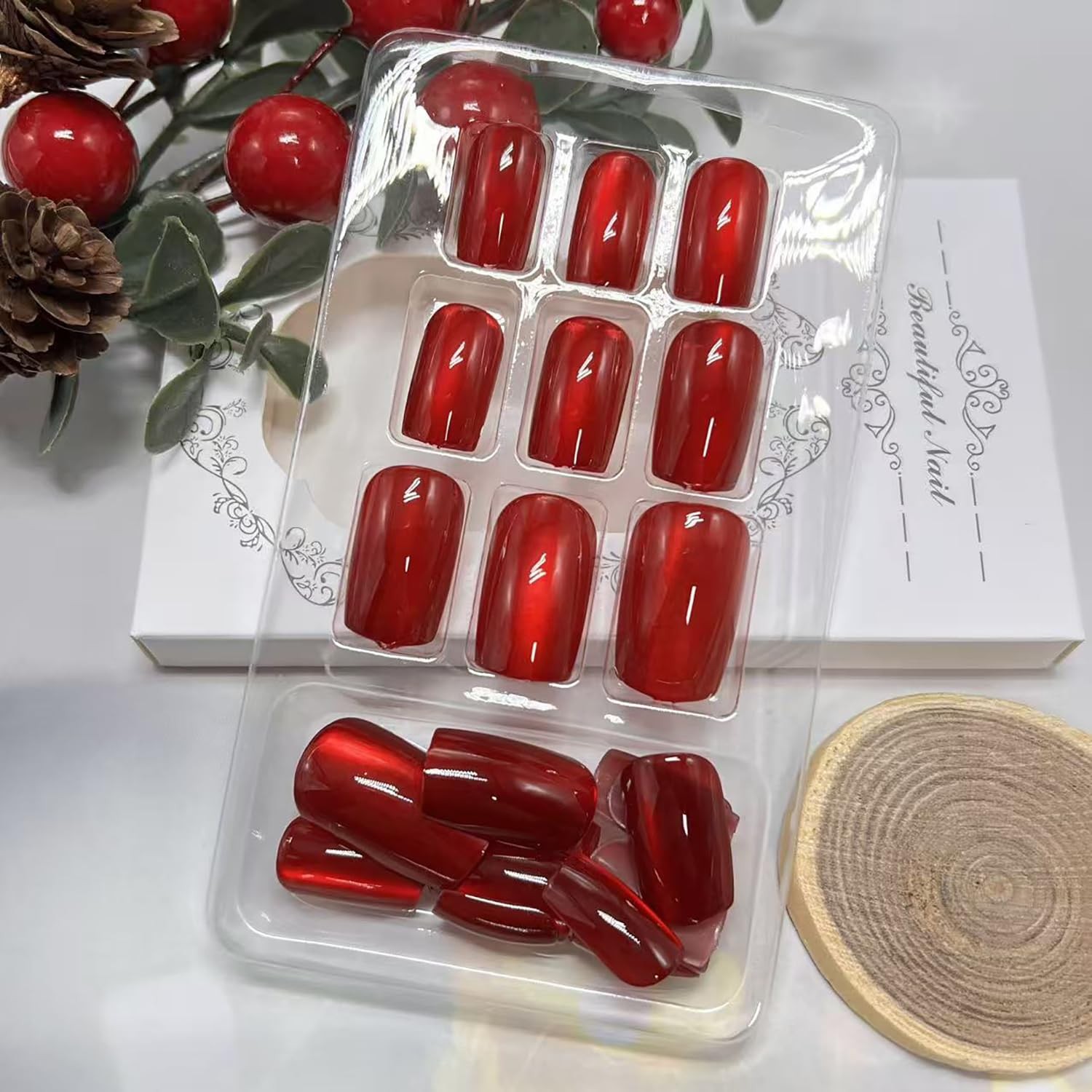 Wine Red Press on Nails Short Square Fake Nails with Glitter Designs Red Full…