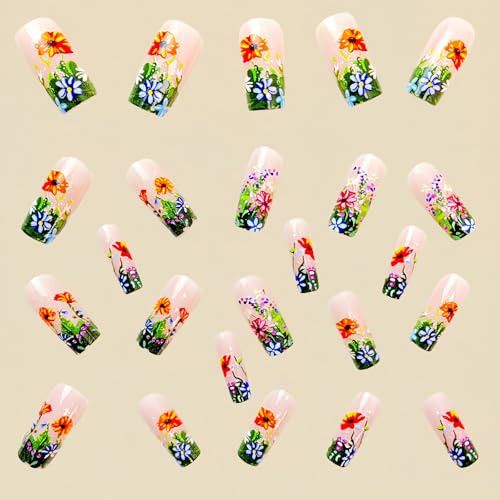 24 Pcs Flower Press on Nails Medium Fake Nails Square Shape False Style-A12