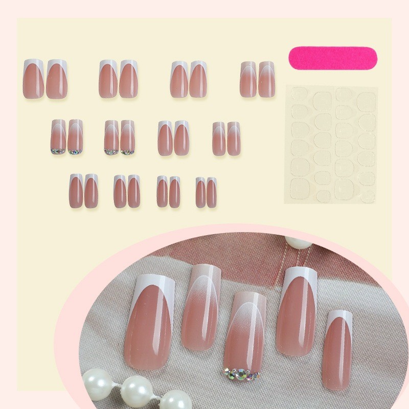 48pcs Short Square Press on Nails, Nude White French Tiny Rhinestone Daily Nails
