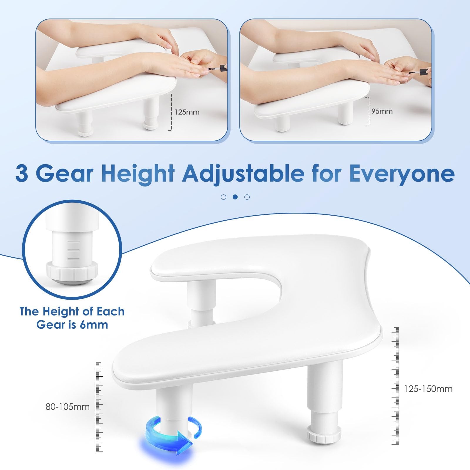 Manicure Arm Rest for Nails Tech: U Shaped Adjustable Nail Armrest White PU