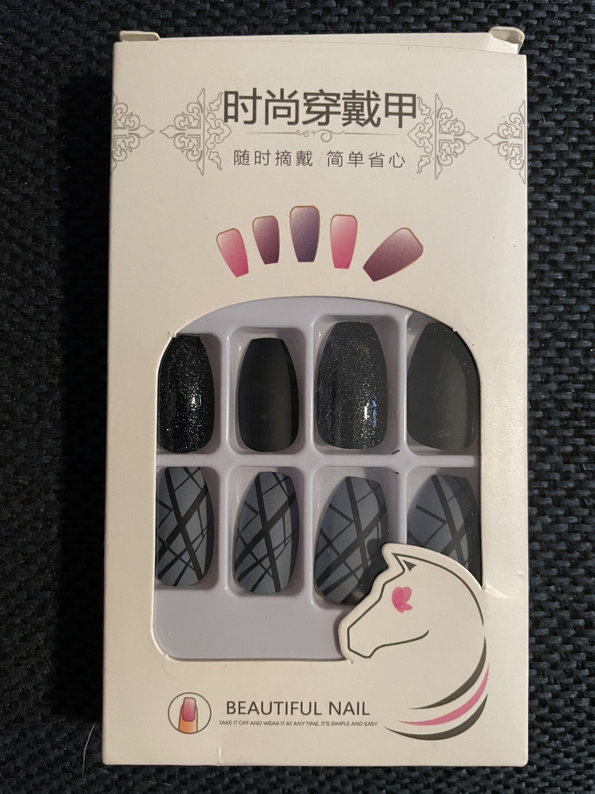 Black & Grey Almond Shaped Press on Nails – Medium