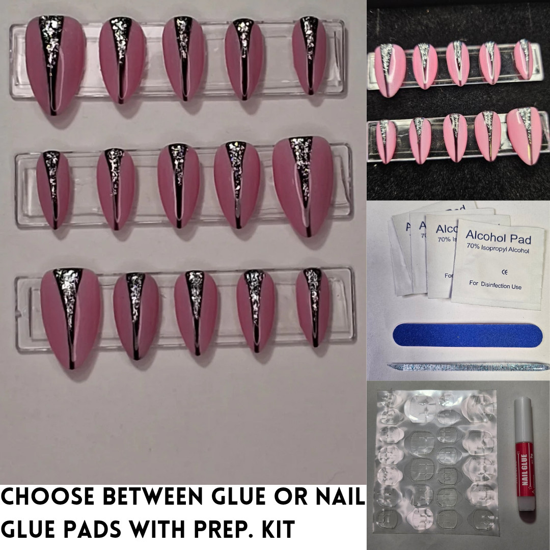 Hand Painted, Short Almond Press on nails – pink w/ black & silver design