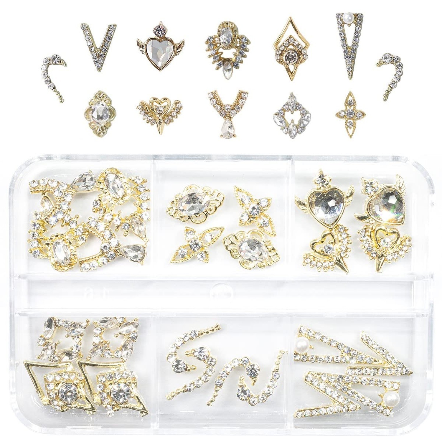 12 Pair 3D Alloy Gold Nail Art Rhinestones – Heart Shaped Nail Charms, Golden…