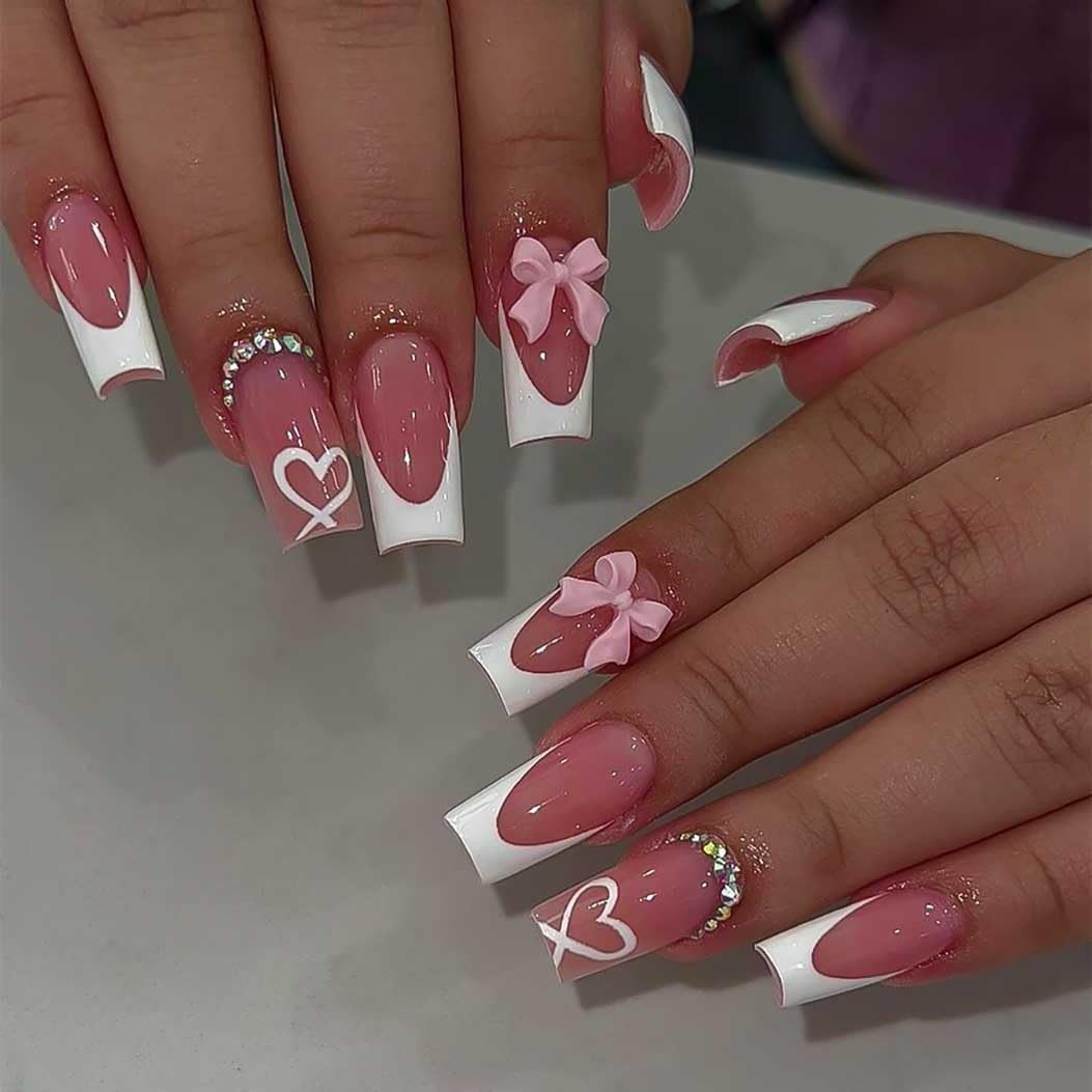 RikView Long Press on Nails Pink Fake French Tips 24 Piece Set,