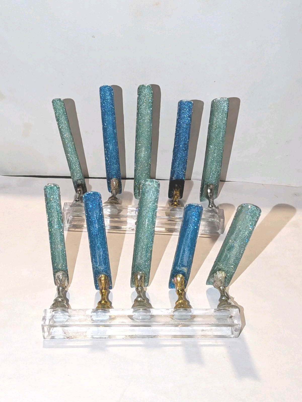 Hand Crafted 6Xl Acrylic Teal and Blue Marble Long Press-On Nails Sz Medium