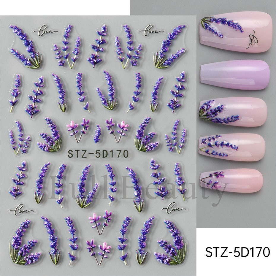 Relief Nail Art Stickers Lavender Flower Slider Decoration Decals 5D170 NH27
