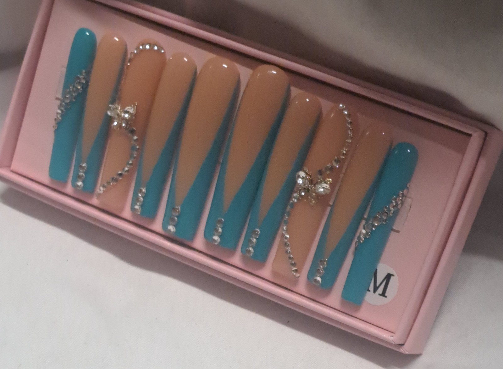 Handmade Acrylic Press On Nails Tapered Square Blue Nude Butterfly Rhinestones