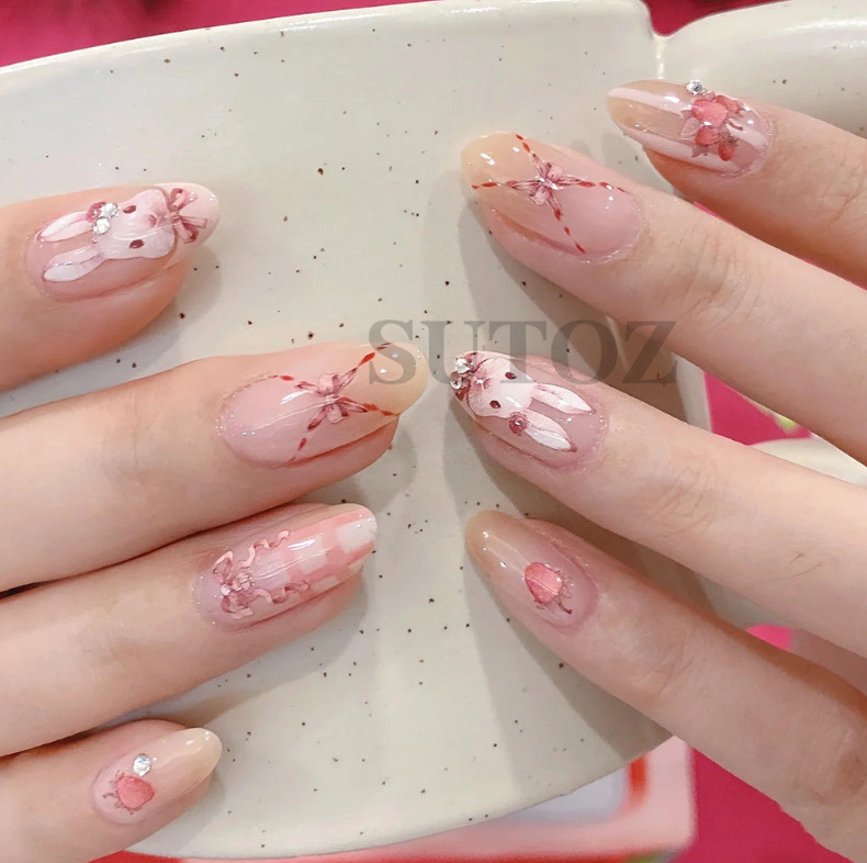 Nail Art Cute Girl Pink Bunny Animal Ribbon Sticker Rabbit Flower Manicure NH21
