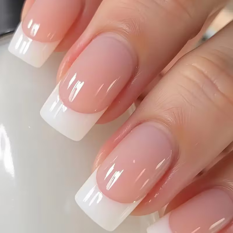 24pcs Square Medium Press-On Nails, Classic White French, Glossy Finish
