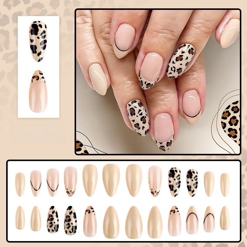 48pcs-Trendy Mixed Design Press on Nails, Almond with Leopard & Nude Accents