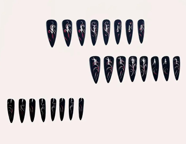 24 Pcs Press-On Nail Long Stiletto Black with Red & White Swirls Glossy