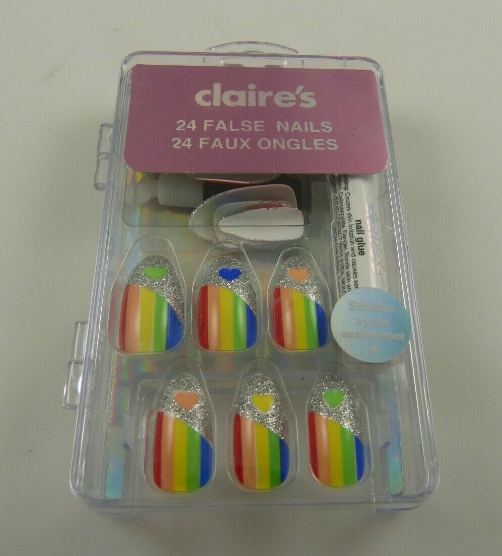 faux nails rainbow stripes colors heart glue elegant silver glitter Claire’s