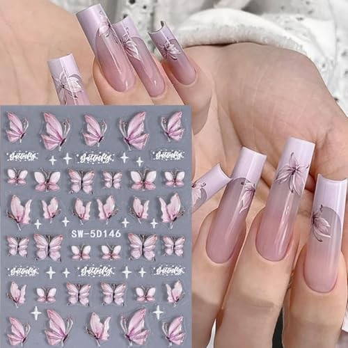 2 Sheets Glitter Butterfly Nail Stickers, Aurora Pink nail stickers 03