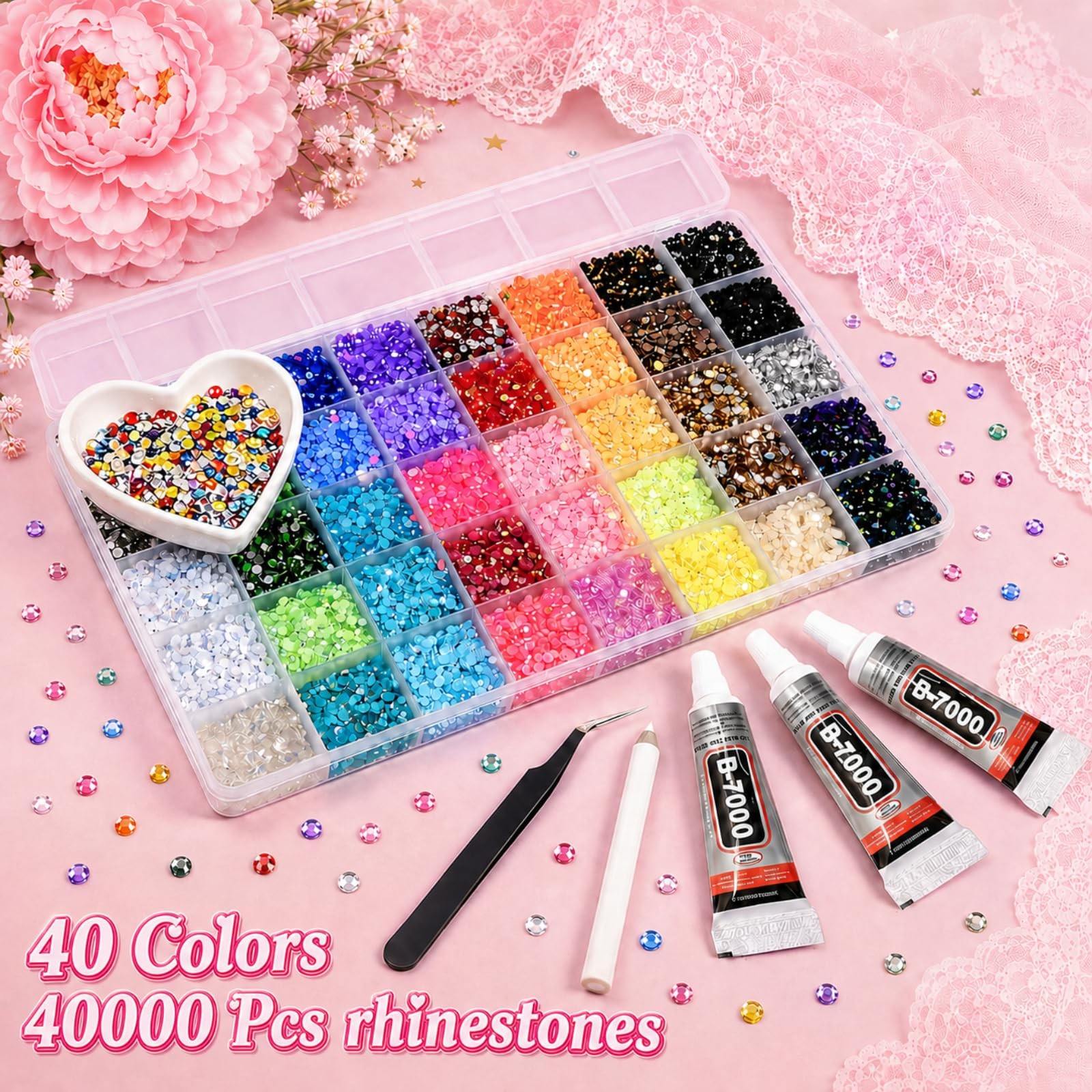 40000Pcs Bedazzling Kit, 40 Mix Colors Rhinestones Gems for Bedazzled Kits, A…