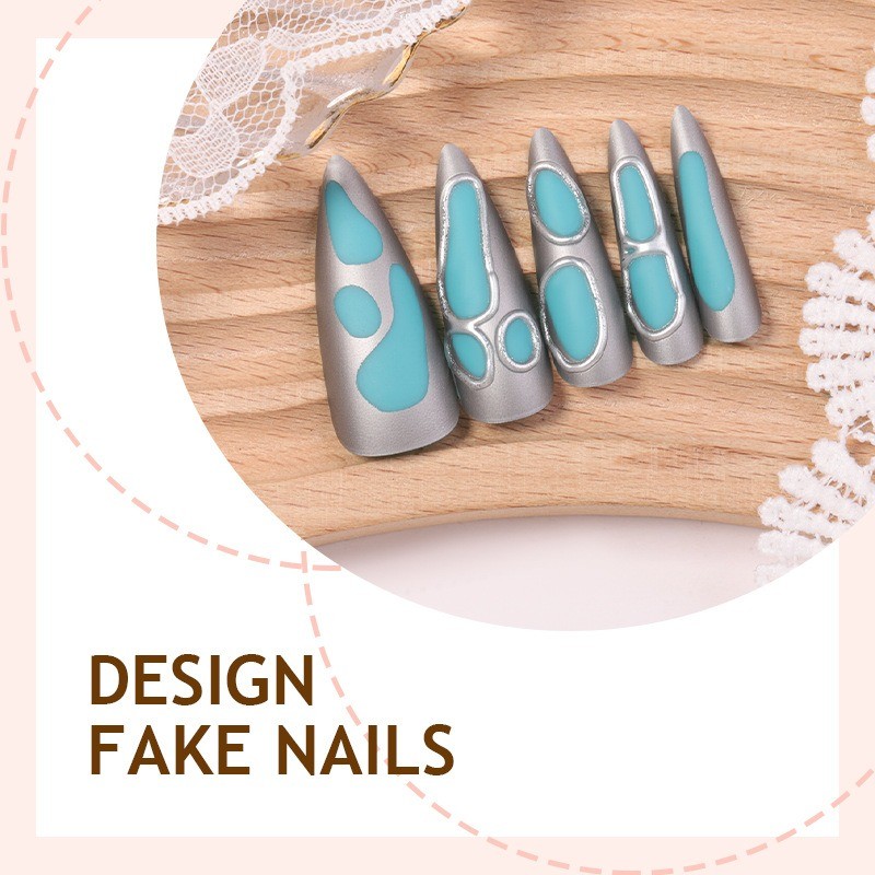 72Pcs-Metallic Long Almond False Nails Jade Inlay Cool Trend Gothic Nail Art