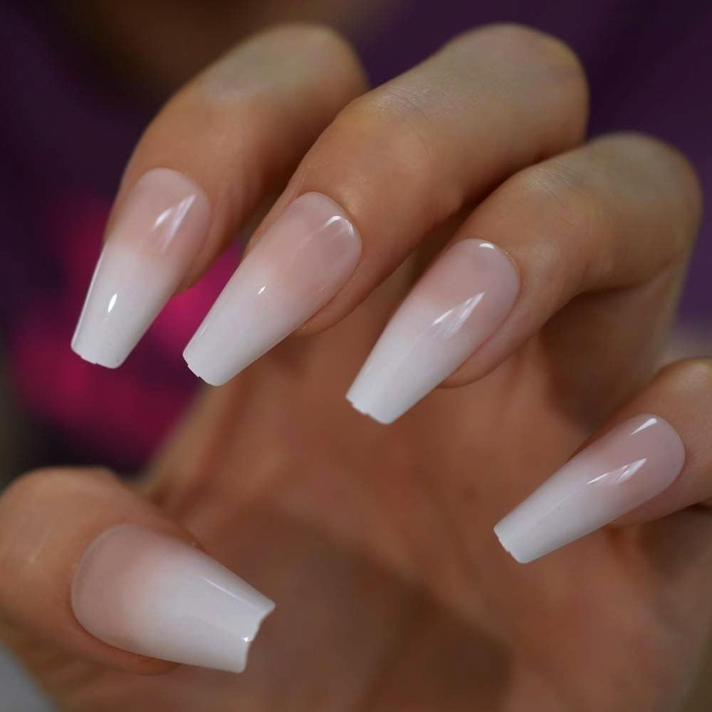 Reusable False Nails Ombre Pink White Gradient Coffin Shape for Easy Application