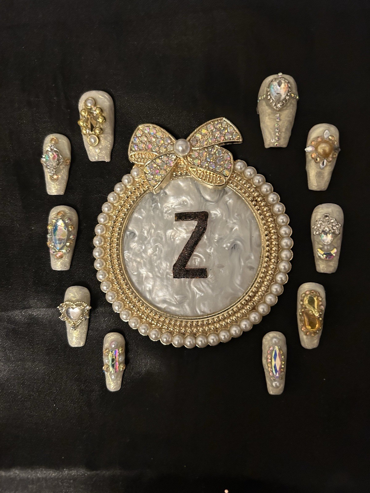 Z NAILZ! Handmade Off White Thread Shell Gel M Coffin W/Bling Press On Nails