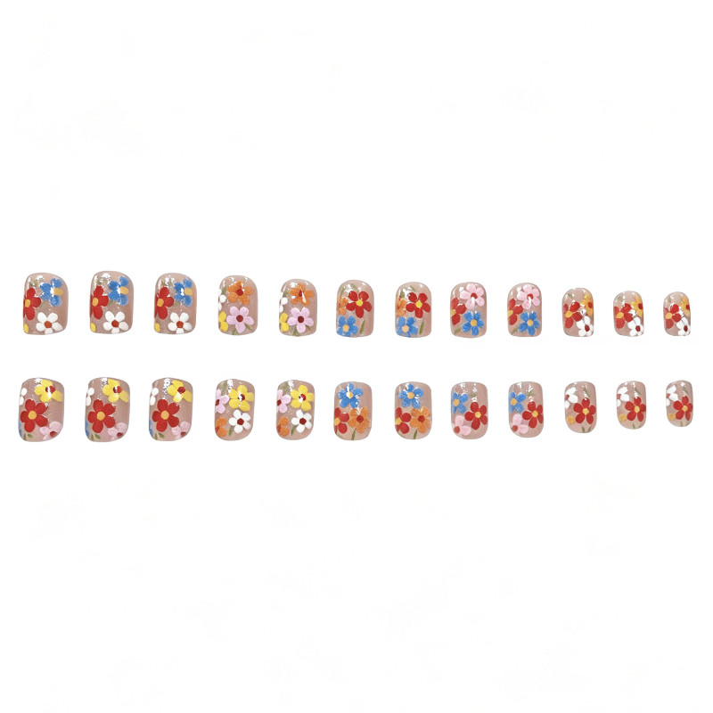 48pcs Short Square Press on Nails, Silver Glitter Multicolor Floral Summer Nails