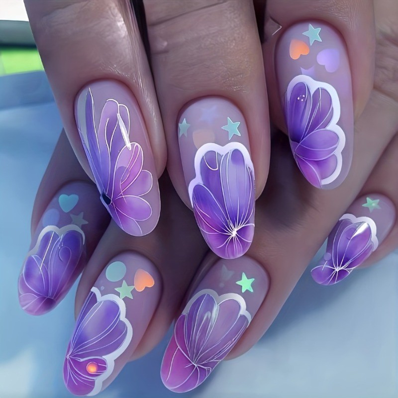 48 Pieces of 3D Butterfly Star Heart Bright Purple Nail Press, Reusable Nail Art